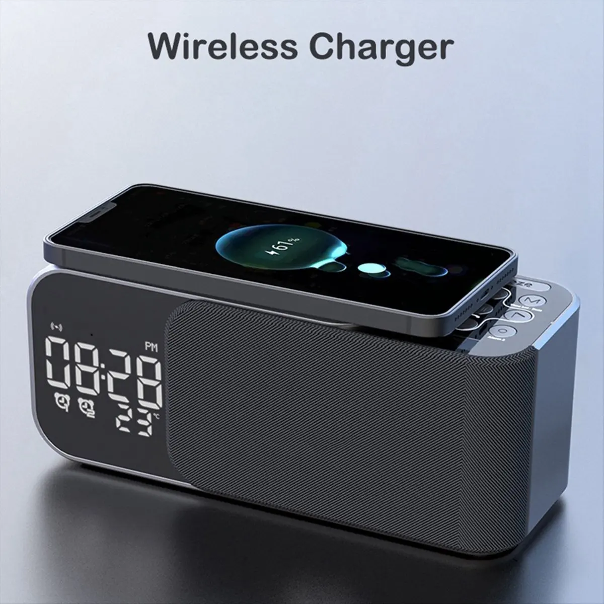 A32I Digital Stereo FM Radio Alarm Clock Night Light Bluetooth Speaker 10W Wireless Charger-Black