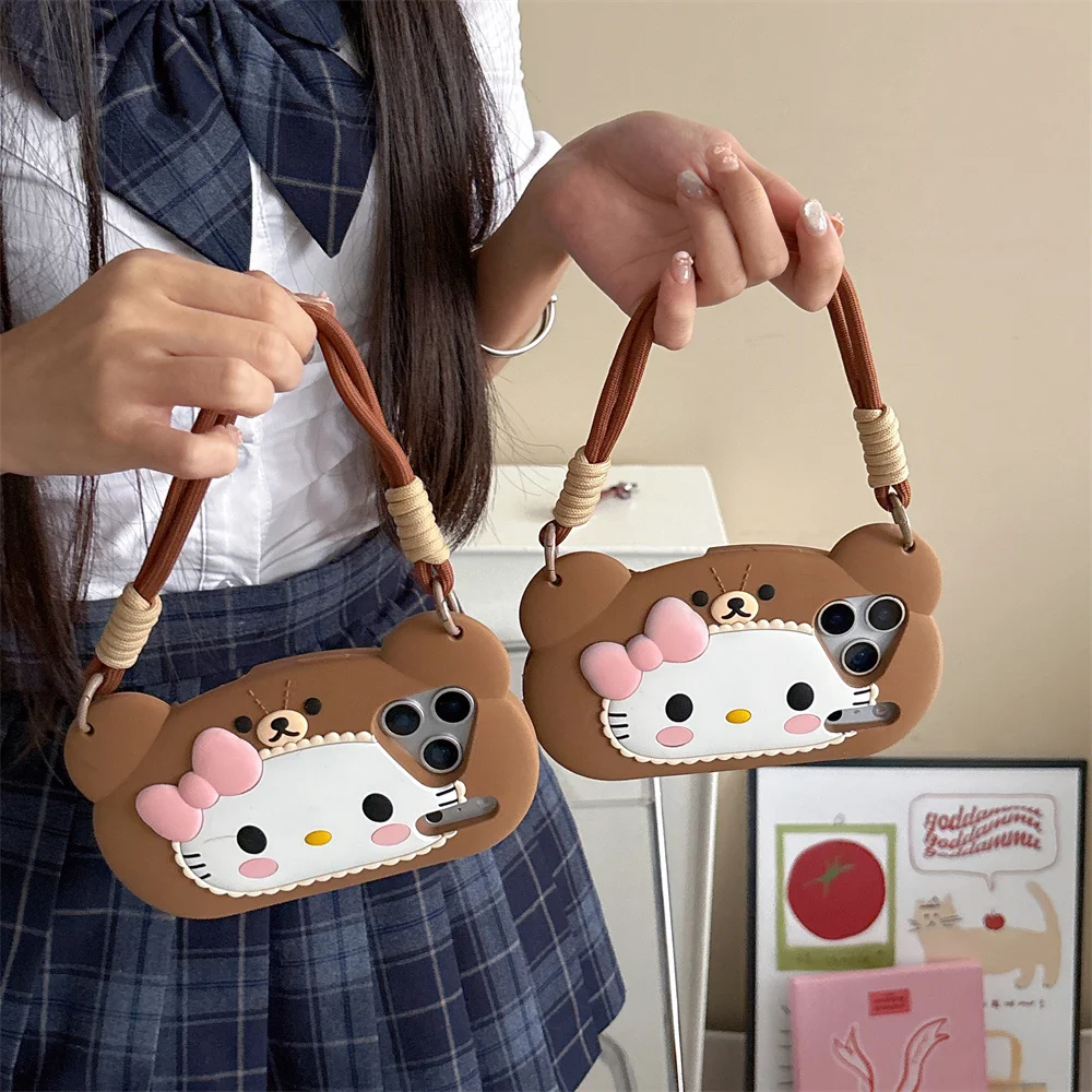 Kawaii جديد مرحبا كيتي الدب حقيبة يد ثلاثية الأبعاد جراب هاتف آيفون 17 برو 13 14 15 17 برو ماكس فوندا 16 E 15 زائد سيليكون الكرتون حالات