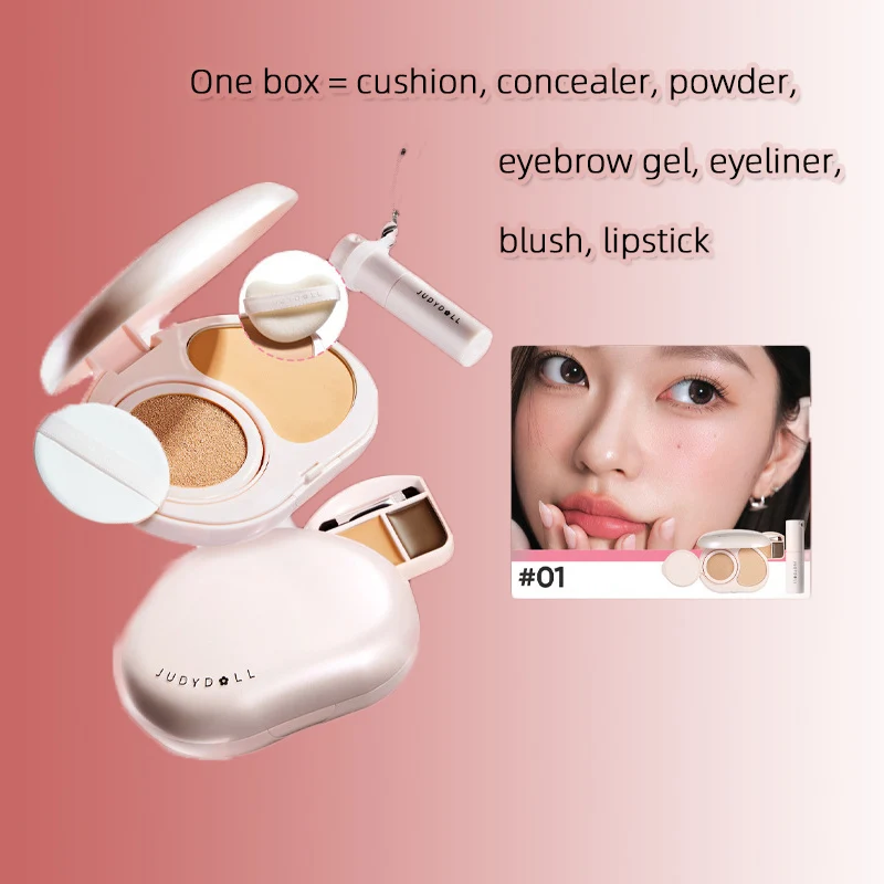 Judydoll Facial Air Cushion Setting Powder Makeup Palette Concealer Blush Lipstick Multi-use Portable Small Pink Compact Makeup