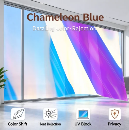 Chameleon Blue Window Tint Roll PET Material One Way Privacy Heat Rejection Anti Glare Solar Control For Household Automotive Wi