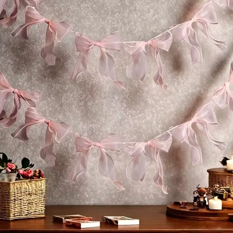 12-120PCS Pink Bow Garland Hanging Pendant Bowknot Banner For Girls Princess Birthday Party Decor Wedding Photo Background Decor