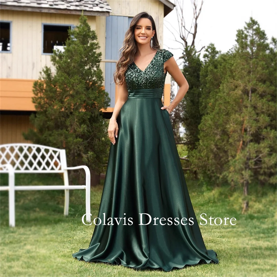 

2025 Customized V-Neck Cap Sleeves Satin Lace Plus Size Prom Dresses Evening Dress Women Evening Gowns Formal Party Dress