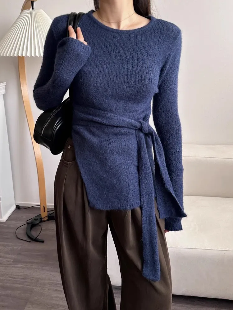 

Трикотаж для похудения круглый Ne Design с поясом и разрезом на талии Long Sve Commute Sle Вязаный топ трапециевидной формы стандартной длины