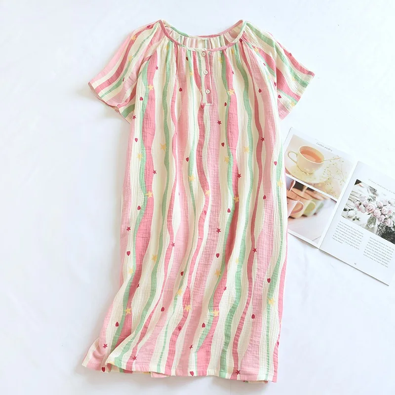 New Summer Ladies Dress 100%Cotton Crepe Nightdress Short Sleeve Skirt Round Neck Color Cute Home Mid Length Dress Plus Size