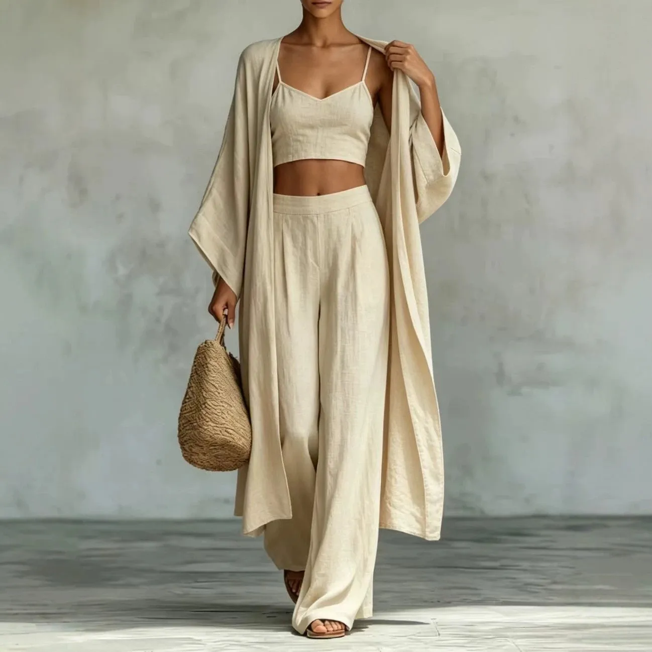 

Summer Suit Women's 2-piece Sets Crop Top Pants High Waist Trousers Beige Black Wide Leg Pants Light Blue Casual Cotton Blend