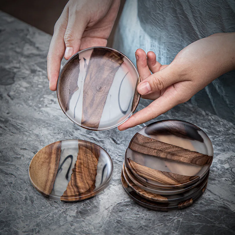 Insulated Wooden Tray Walnut Frame Resin Coaster Ink Nordic Style Tea Cup Holder Epoxy Resin Pot Holder Insulation Pad