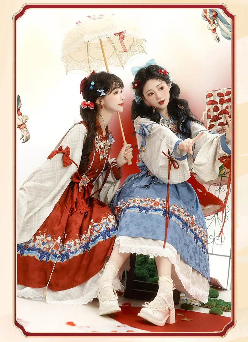 

Original Cute Lolita Suit Kawaii Blending Western Elements 3D Embroidered Small High-waisted Dress Sweet Women Hanfu 2-piece Set