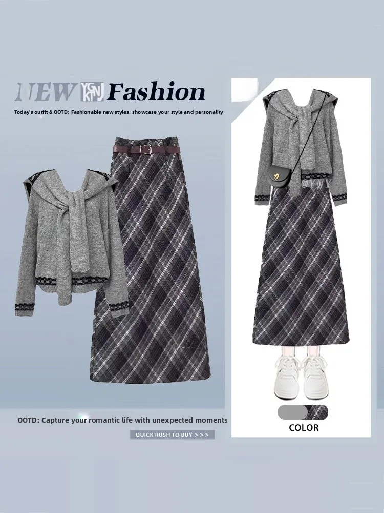 

Faionable Autumn Winter Knitted Sweater And awl Plaid Skirt Set Women's Vintage Lazy College Sle Tee-piece Suit