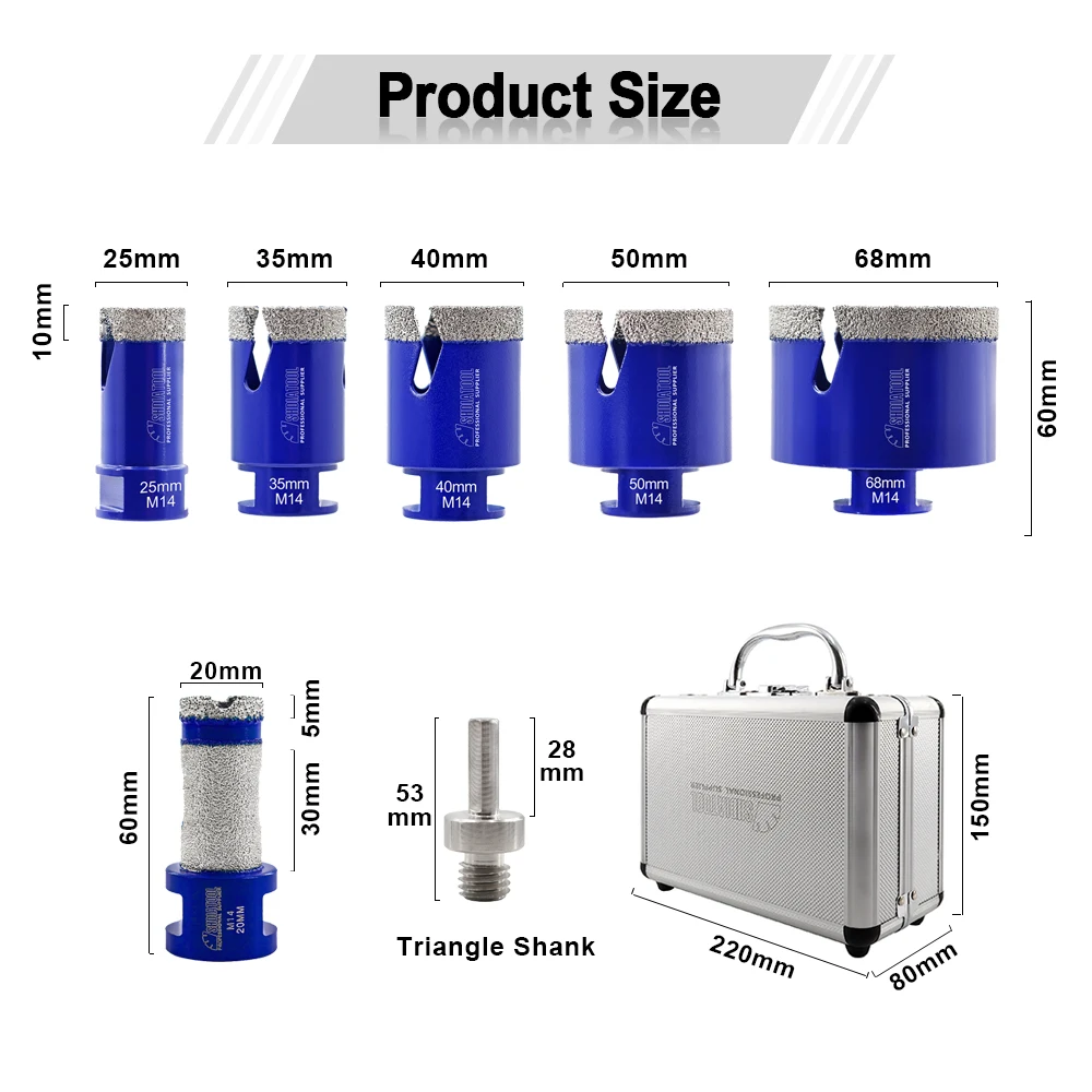 Imagem -06 - Shdiatool-conjunto de Bits de Diamante Serra Buraco 20 mm Finger Bit Adaptador M14 Alvenaria Perfuração Fresagem Kit Cerâmica 25 mm 35 mm 40 mm 50 mm 68 Milímetros Peças
