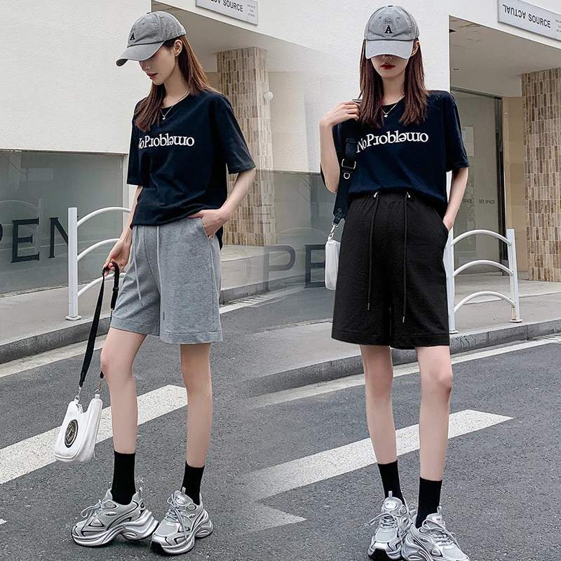 

Korean Style Maternity Summer Sports Shorts Drawstring Waist Wide Legs Women's Trousers Plus Size Female Casual Sweatpants Loose