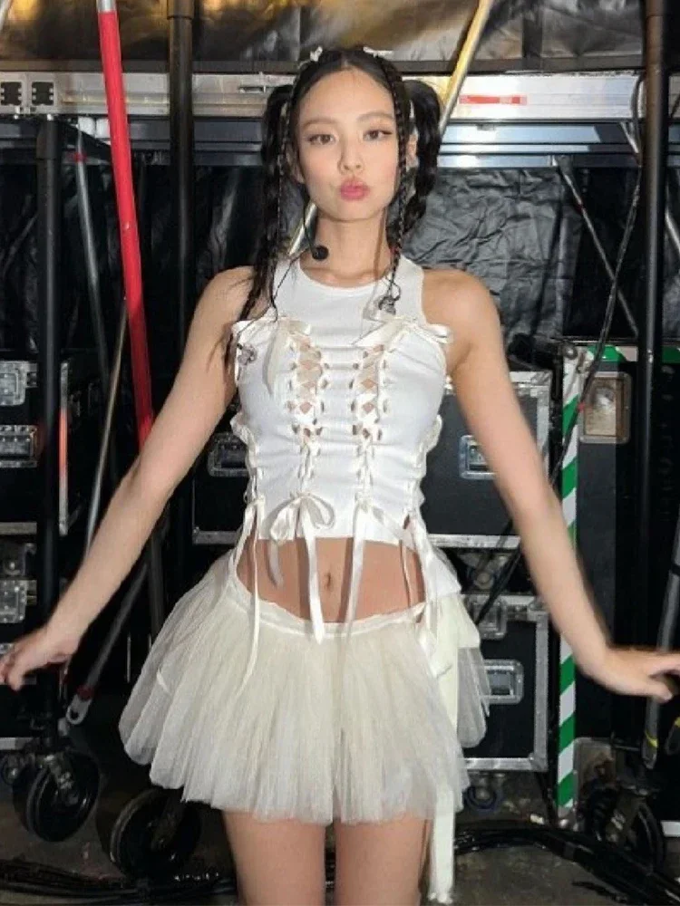 

Sexy White Bandage Vest Crop Tops Skirt Shorts Y2k Clothes Kpop Idol Singer Performance Wear Women Jazz Dance Costume JL5478