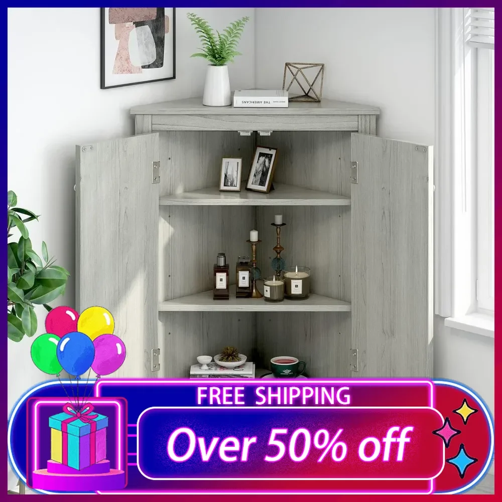 

Corner Storage Cabinet, Bathroom Triangle Floor Storage Cabinet with Adjustable Shelves, Freestanding Floor Cabinet with 2 Doors