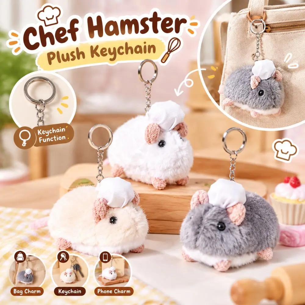 New Chef Hat Hamster Plush Keychain Simulation Soft Fuzzy Stuffed Animal Keychain Bag Charm Handbag Decoration