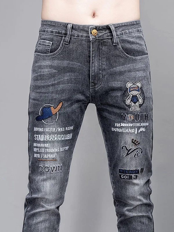 

Мужские джинсы с вышивкой, зауженные, тонкие, с узким низом, длинные брюки с вышивкой, осенняя новинка, высококачественные