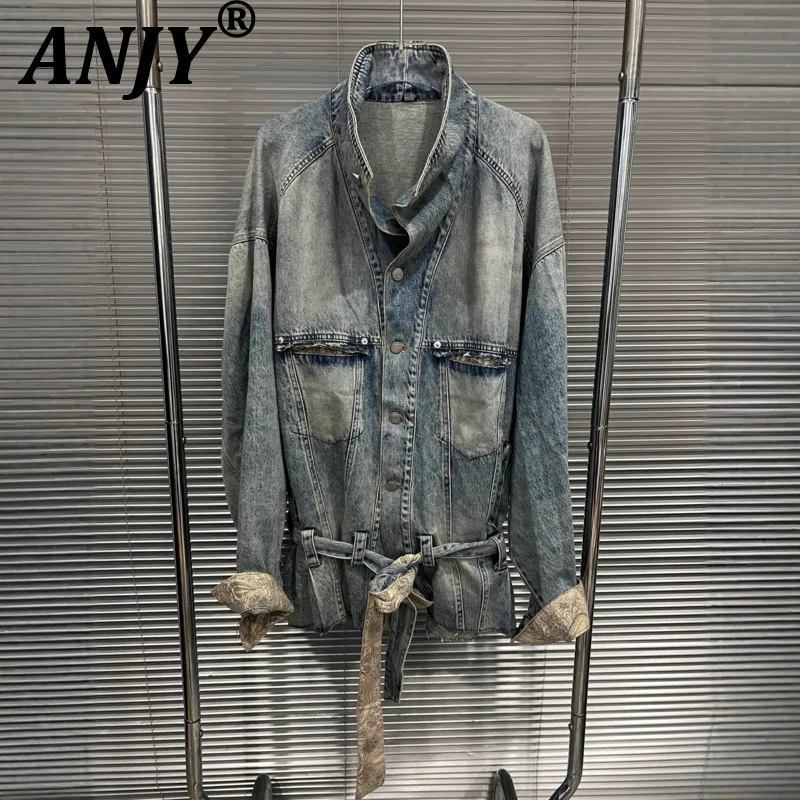 

ANJY 2025 Autumn Winter New Women Trend Vintage Washed Casual Denim Jacket Fashion Streetwear Chic Ins Tie Versatile Coat A15309