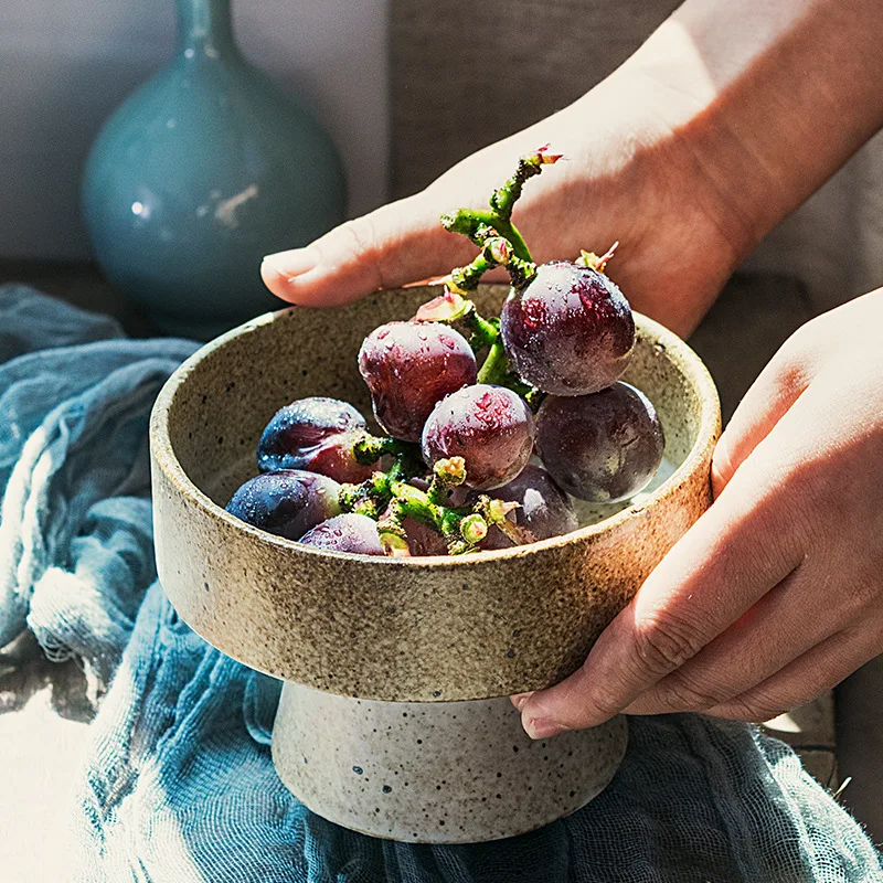 Creative Stoneware Fruit Plate Retro Tray High Foot Snack Tray Ceramic Tea Tray Kung Fu Tea Set Refreshments Living Room