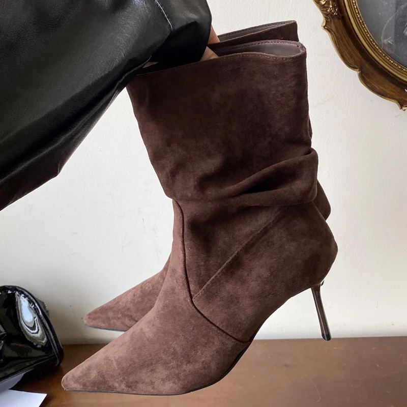 

Eilyken Autumn Winter Designer Pleated Pointed Toe Ankle Boot Women Sexy Thin Heels Shoes Fashion Zipper Short Booties