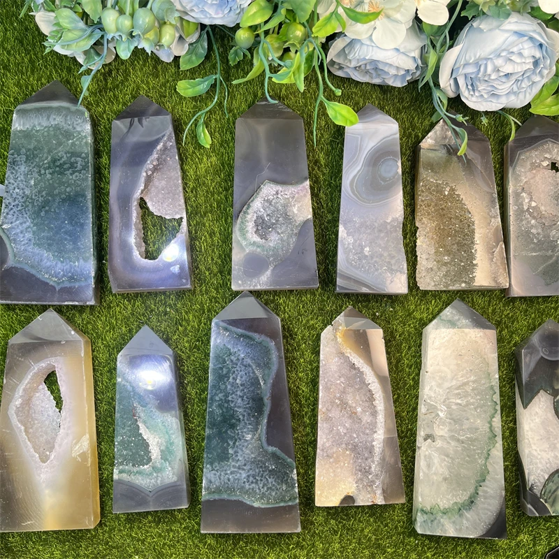 

Wholesale Natural Hand Carved Grey Agate Druzy Tower Agate Polished Crystal Point For Agate