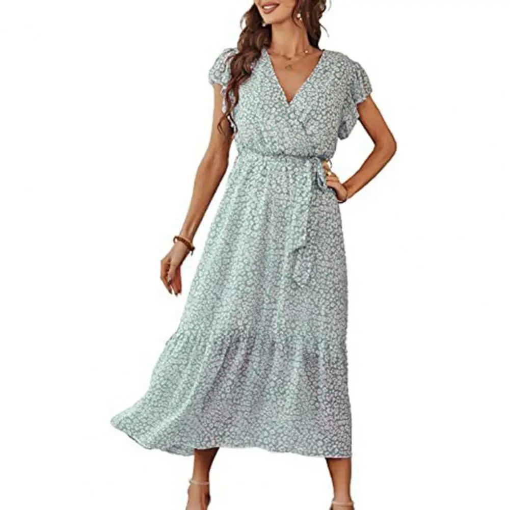 

Women V-neck Midi Dress Bohemian Floral Print Midi Dresses with V-neckline Petal Sleeves Ruffle Hem for Summer Streetwear