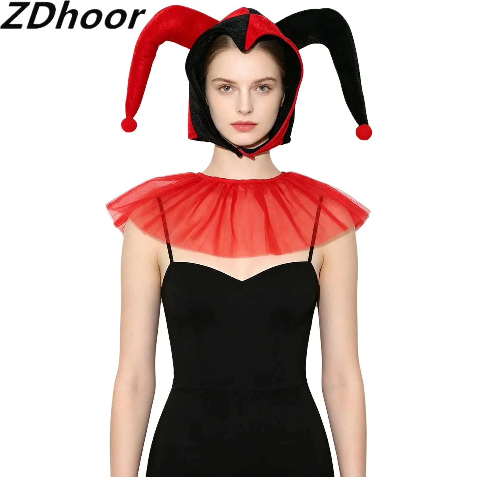 Gothic Contrast Color Horned Hat Cap with Adjustable Layered Mesh Tulle Faux Collar Costume Accessories for Halloween  Cosplay