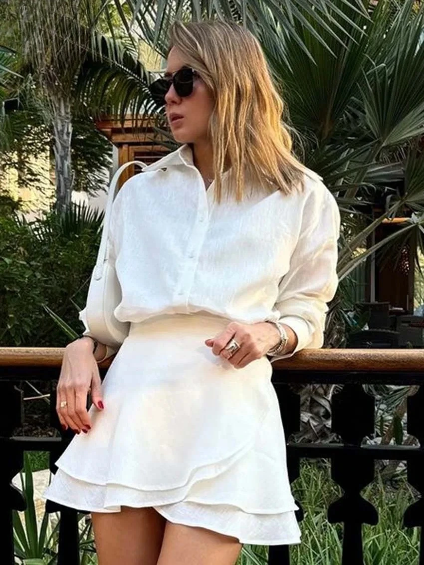 

Spring For Woman Fashion Long Sleeve Button Shirts And High Waist Lace-Up Mini Skirts Sets Elegant Beige Cotton Two Piece Set