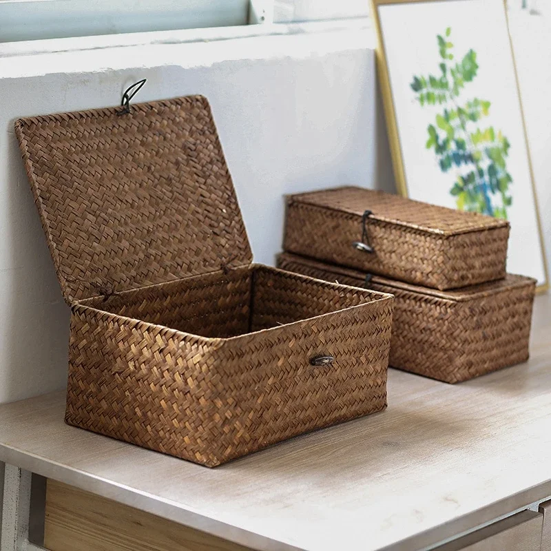 Handmade Seaweed  Basket with Lid Bath Towel Clothes Container  Sundries Organizer Natural Straw Desktop  Box Runner Canasta Gym