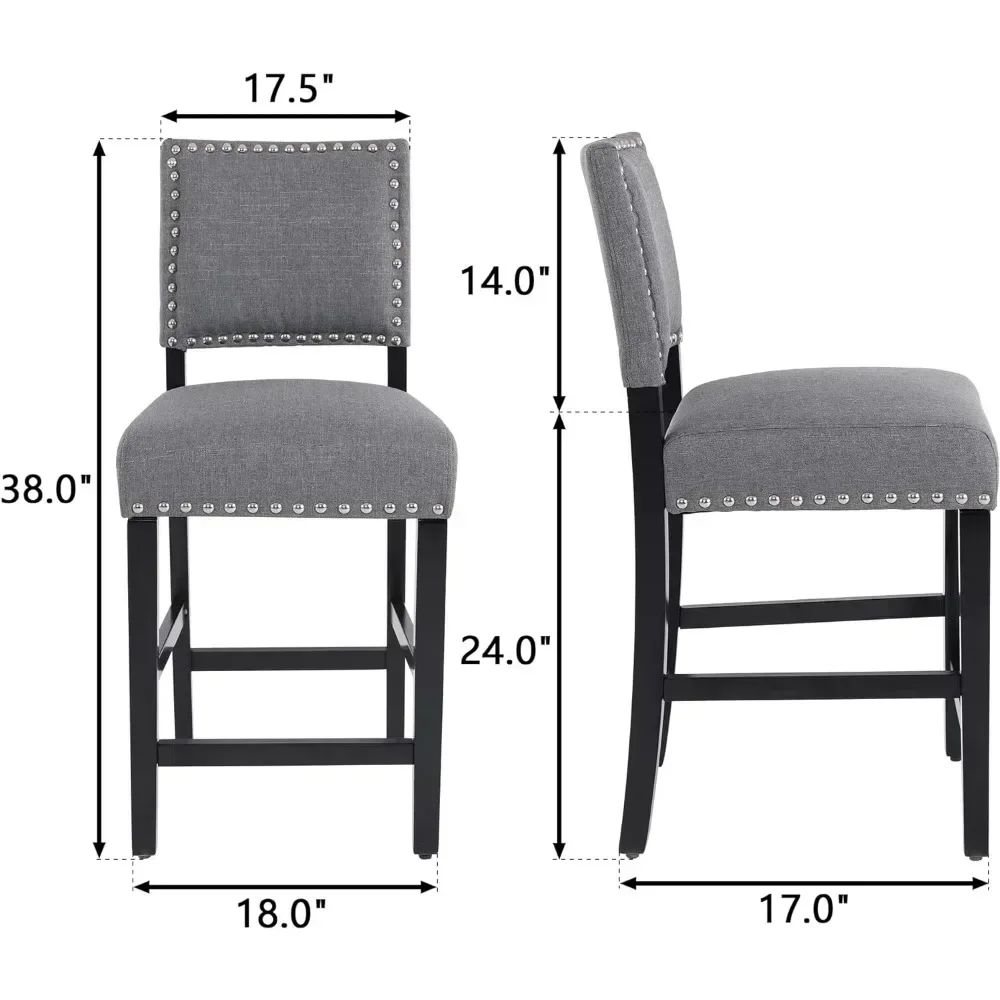 Lot de 4 tabourets de bar 24 pouces, tabouret comptoir recommandé, tabouret de bar en tissu avec dossier et pied en bois, chaises de salle à manger sans accoudoirs (gris)