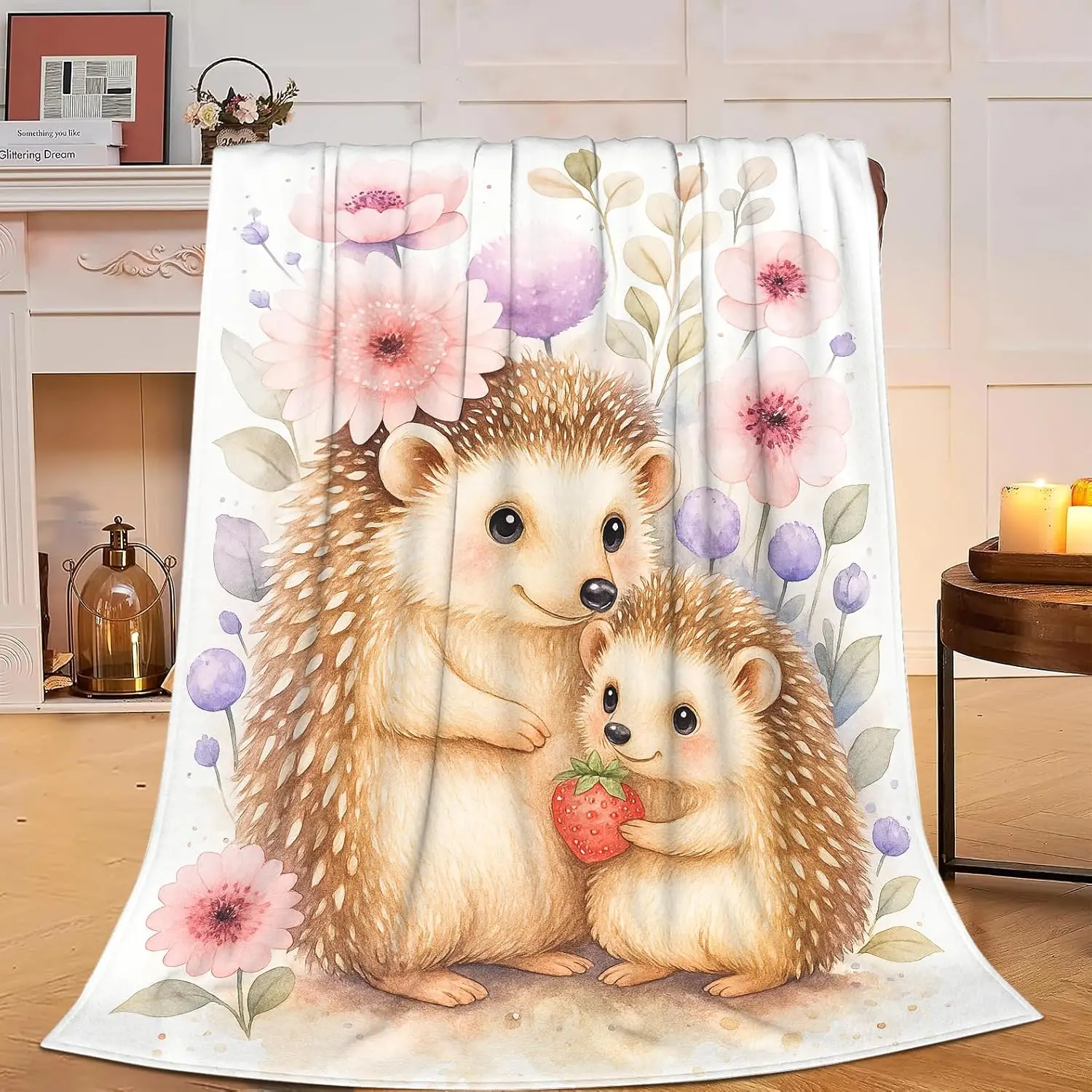 Cute Hedgehog Throw Blanket Floral Print Cozy Decor Gift for Spring Autumn Nursery Home Bed Cover