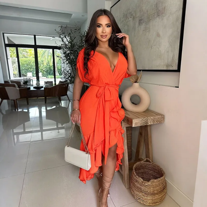 

KEXU Women Wrap Sexy V-neck Ruched Batwing Short Sleeve Ruffles Side Split Irregular Maxi Long Dress Vacation Party Dresses