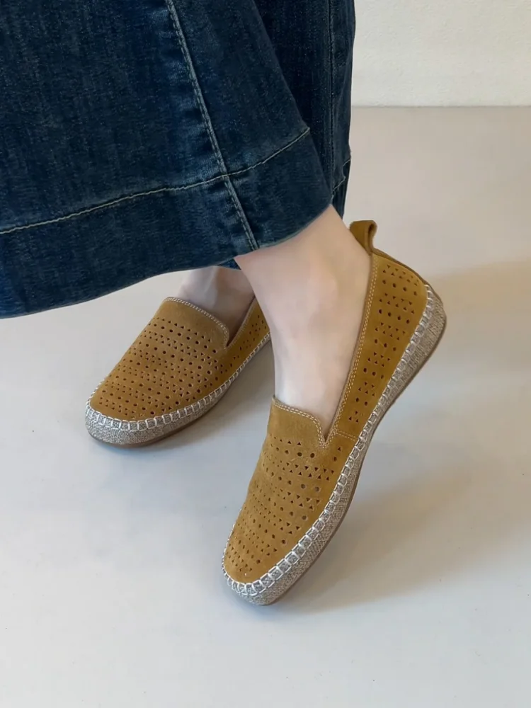 Handmade Ladies Leisure Slip-On Breathable Pumps Solid Color Round Toe Hard-Wearing Chunky Heels Female Splicing Footwear
