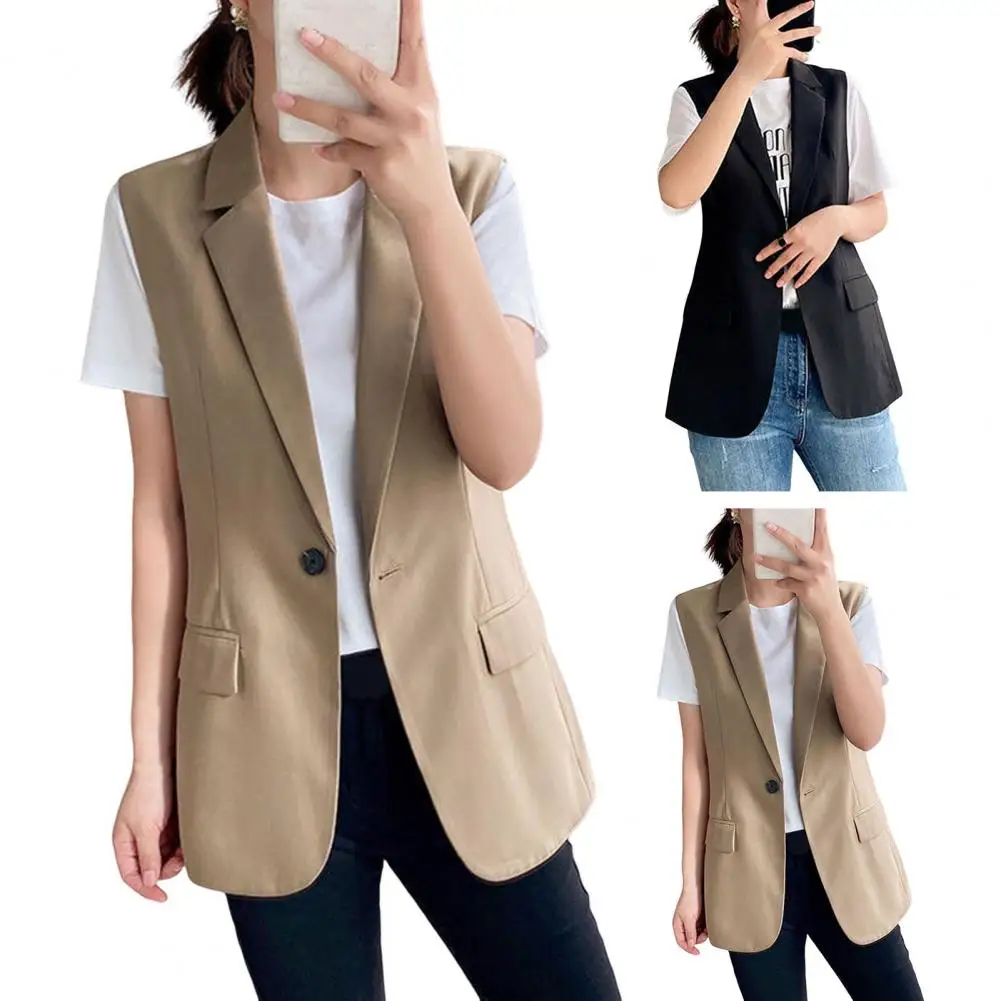 

Women Sleeveless Vest Plain Suit Open Front Buttons Lightweight Lapel Neck Jacket Leisure Business Temperament Pockets Outwear