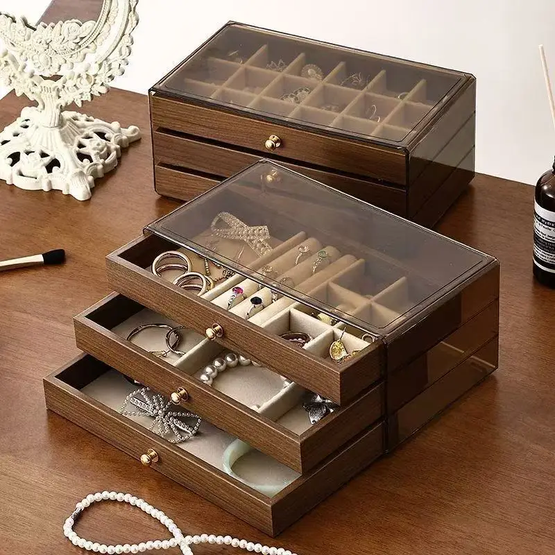 

New Style Three-layer Drawer Walnut High-end Multi-layer Exquisite Jewelry Box Earrings Bracelets Rings Necklaces Jewelry