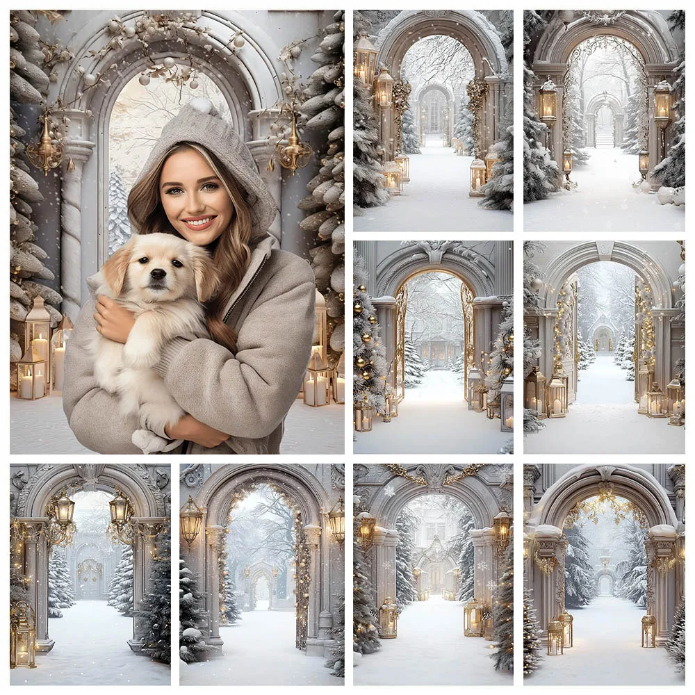 Mehofond Photography Background Christmas Ancient Building Family Festival Party Snowy Pine Trees Lanterns Backdrop Props Studio