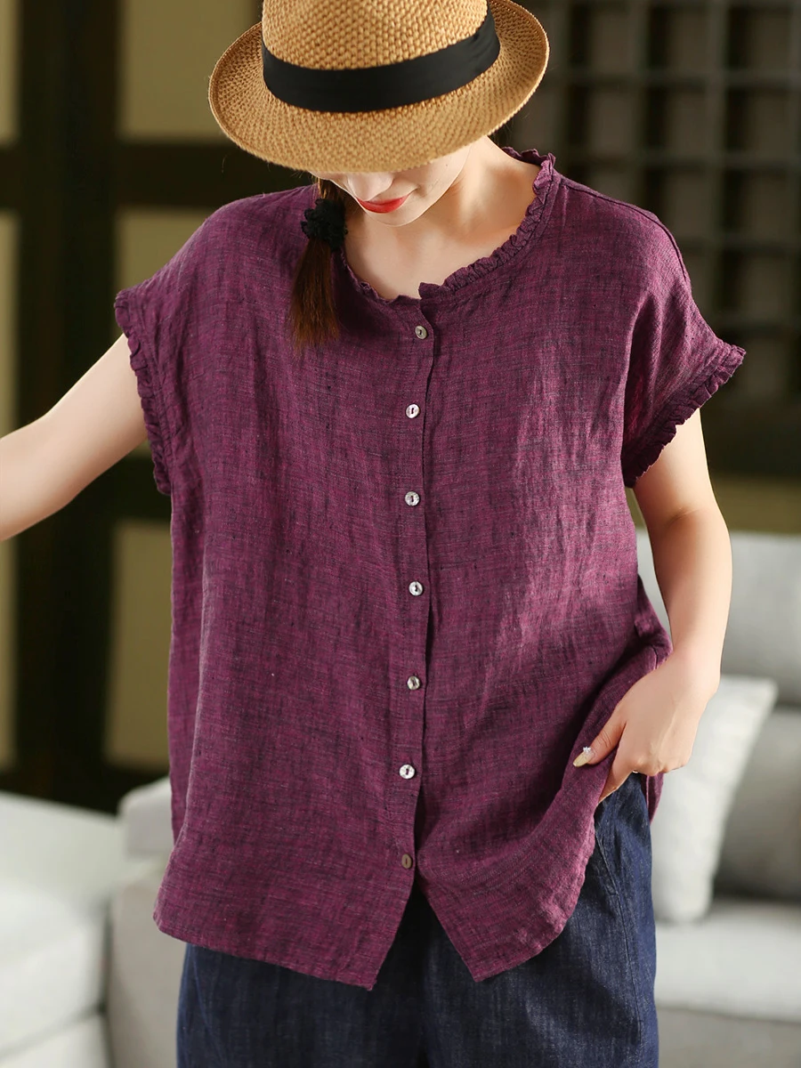 

Retro Heavyweight irts Han M ort Sve Ear Peg Collar Single Button Casual Loose Fit Summer Faion Ladies irt