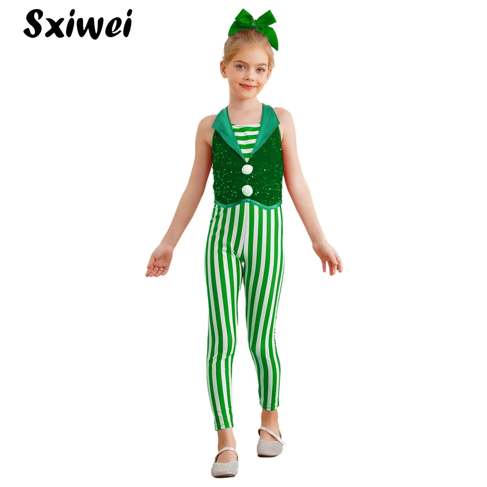 

Girls Candy Cane Sequin Christmas Ballet Dance Gymnastics Figure Skating Bodysuit Jumpsuit Full Unitard Santa Sweetie Dancewear