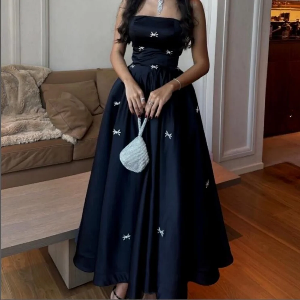 Customized A-line Strapless Sequined Bespoke Occasion Dresses Satin Backless Draped Black  Evening Dresses Sleeveless Prom Gowns