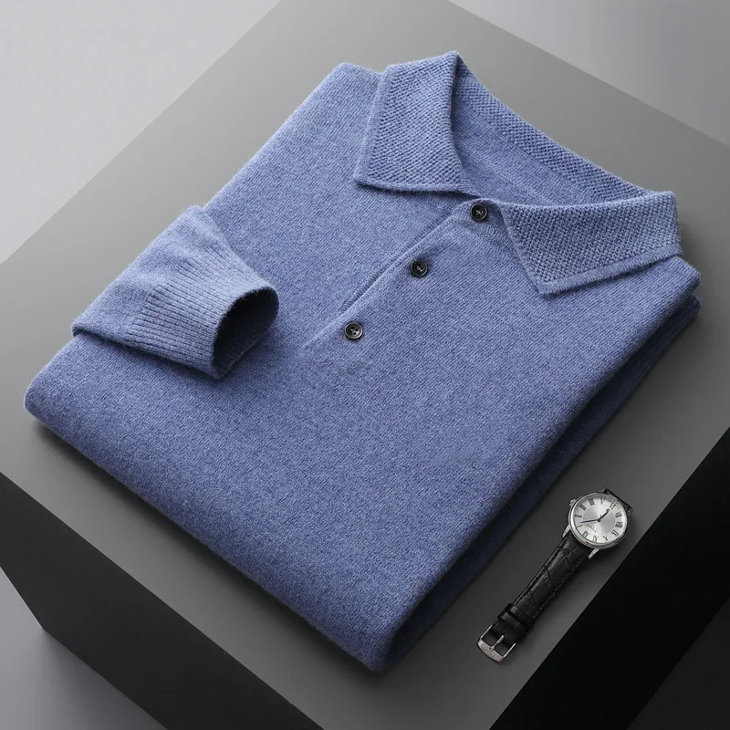 100% merino wool cardigan men's lapel pullover long sleeve polo neck sweater loose top knitted clothing plus size shirt