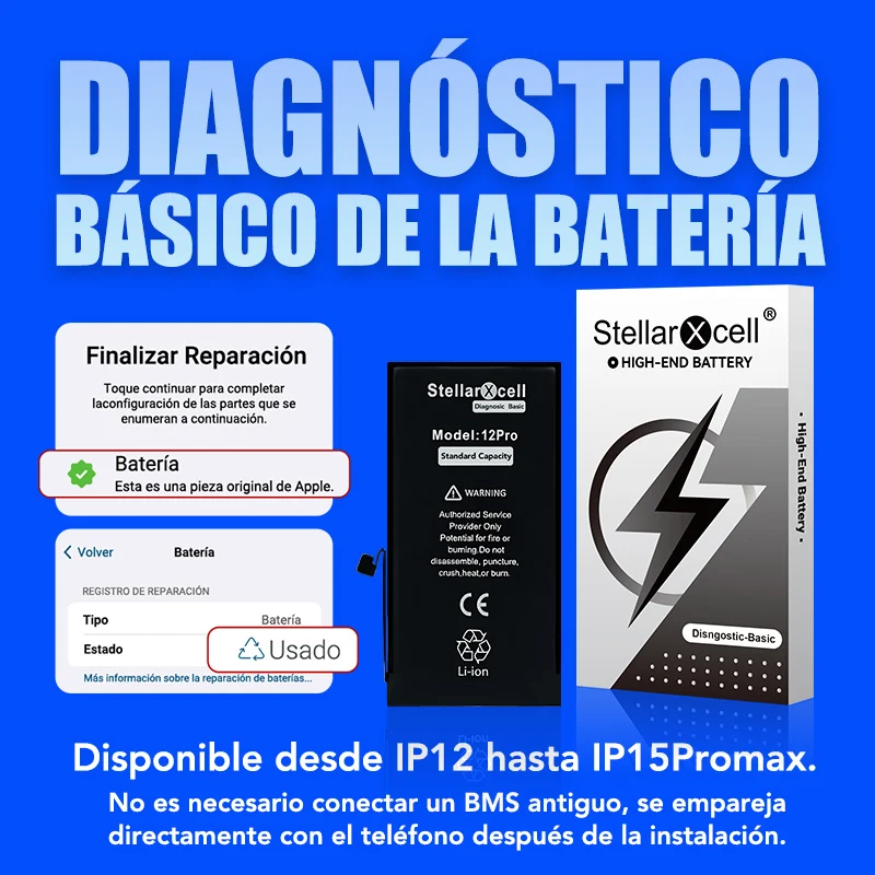 Batería de diagnóstico StellarXcell para iPhone 12 Pro Max, 13 Mini, 14 Plus, 15 Pro: sin piezas desconocidas, 100% salud, sin mensajes de error 6