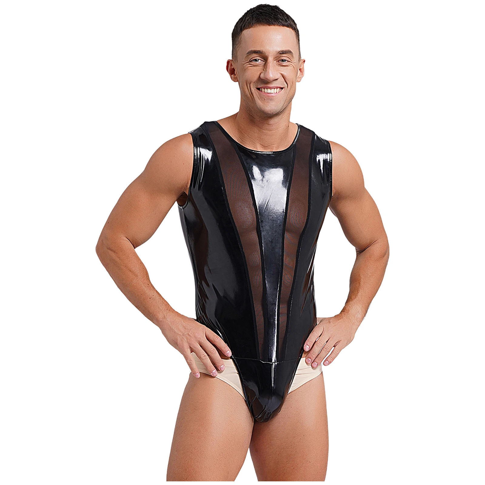 Mens Lingerie Patent Leather Bodysuit One Piece Wet Look Rave Clubwear Mesh Buttoned Crotch Leotard Costume Bodycon Jumpsuits