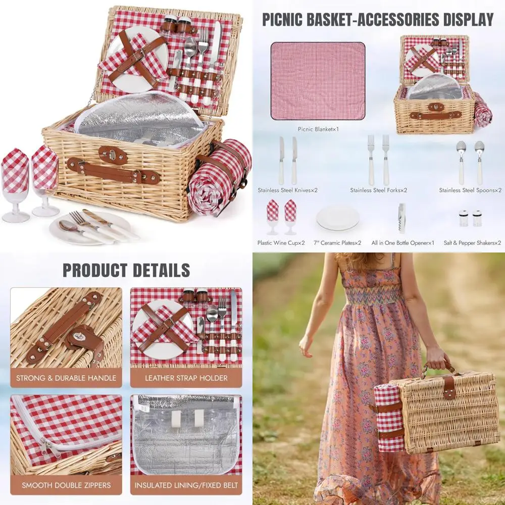 

happypicnic picnic basket set for 2 - wicker picnic basket with waterproof blanket & insulated liner, large handmade willow hamp