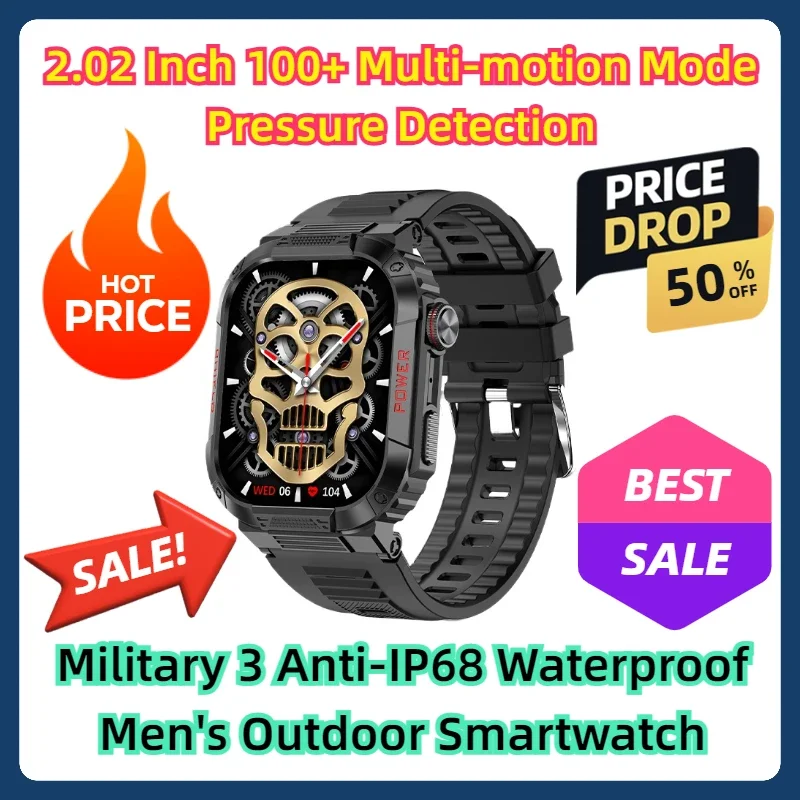 

2.02 Inch 100+ Multi-motion Mode Pressure Detection For Android IOS Military 3 Anti-IP68 Waterproof Men's Outdoor Smartwatch