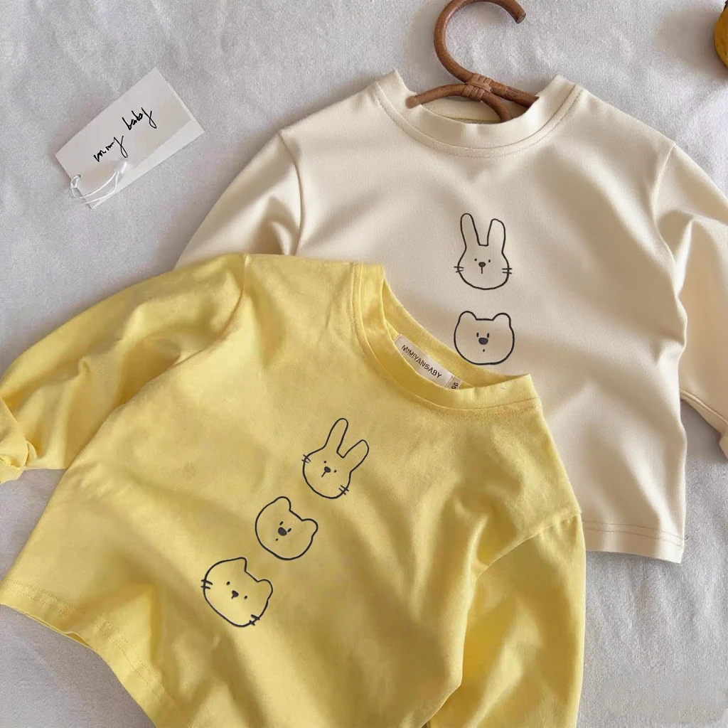 Girls Crewneck Base Shirt New Cartoon Animals Printed T-shirts Long-sleeved Tops Spring Summer Wear Toddler Thin Loose Tees