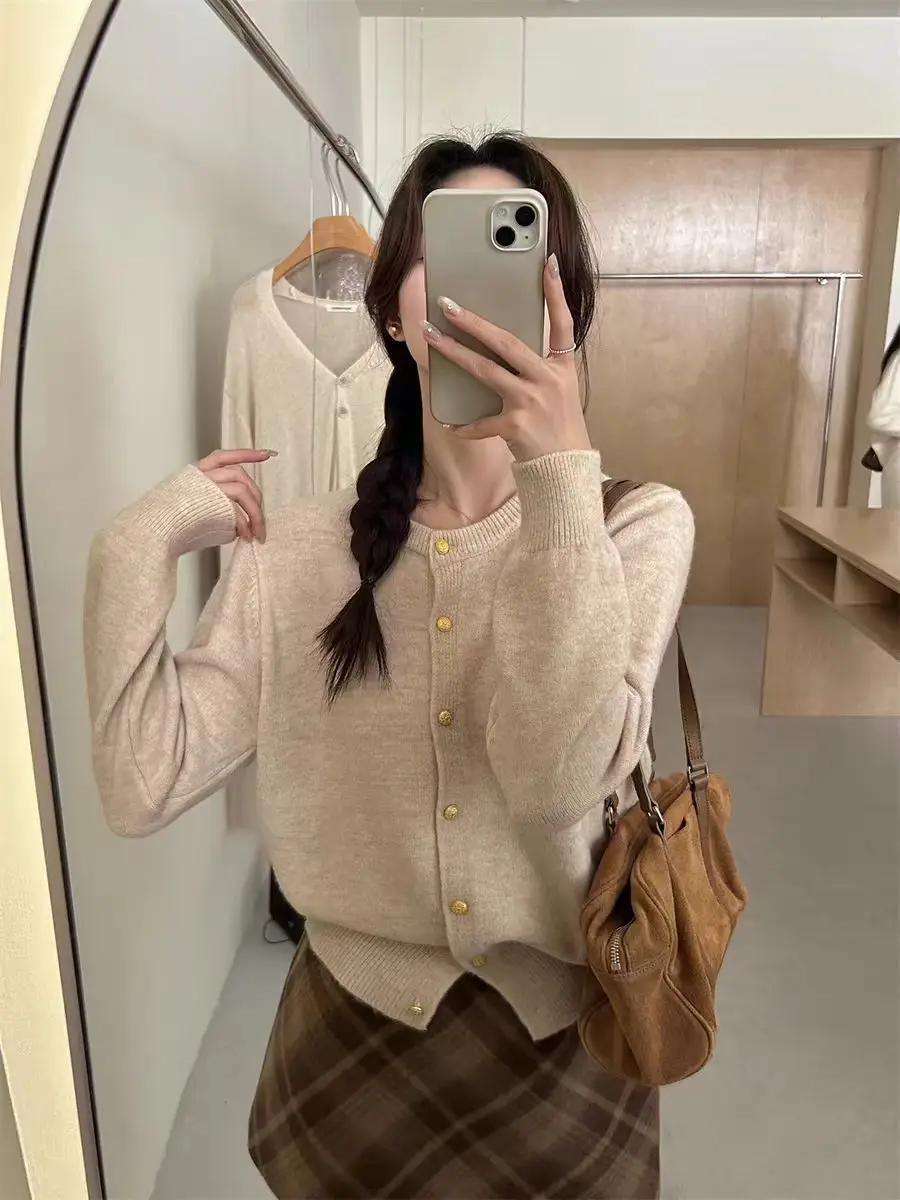 

Мягкий вязаный свитер с овсом, пальто, женский осенне-зимний корейский круглый вязаный кардиган, топ, милый свободный крой, длинный све