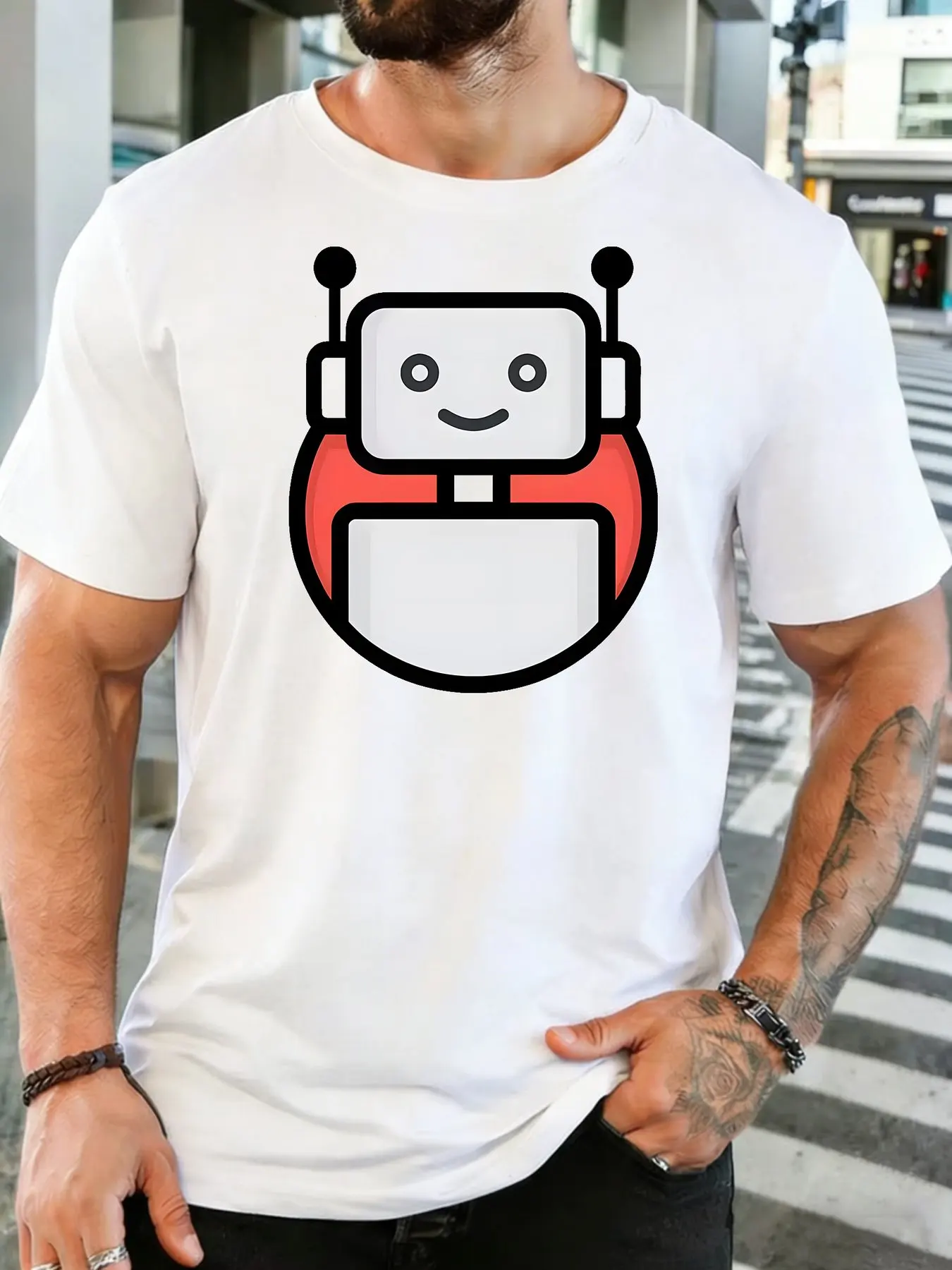Men Royal Blue Crew Neck Tee Cute Smiling Cartoon Robot Ladybug Hybrid Minimal Simple Bug Bot Graphic Soft Cotton Casual Top