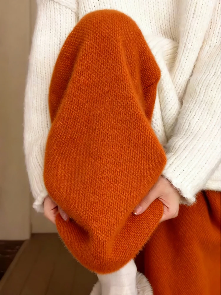 

High Waist Knitted Wide Leg Pants Women's Soft Dra Pumpkin Orange Rice Noodle Long Trousers Korean Sle Winter Casual Pants