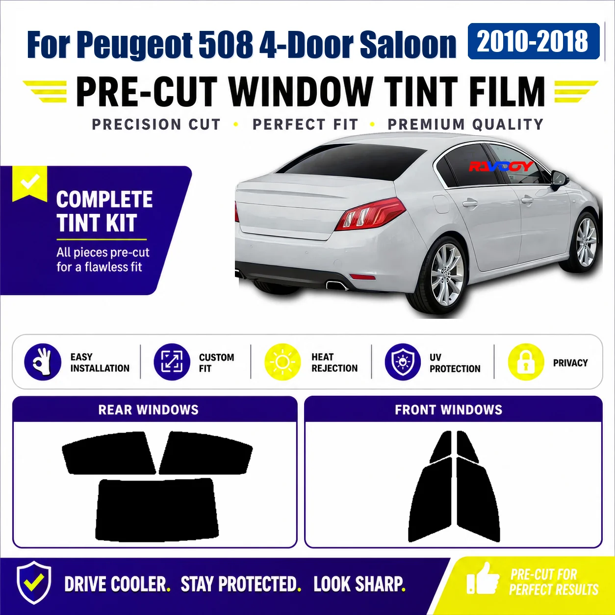 For Peugeot 508 4-Door Saloon 2010-2018 Sun Shade Film Tailored Front & Rear Window Heat & UV Blocking
