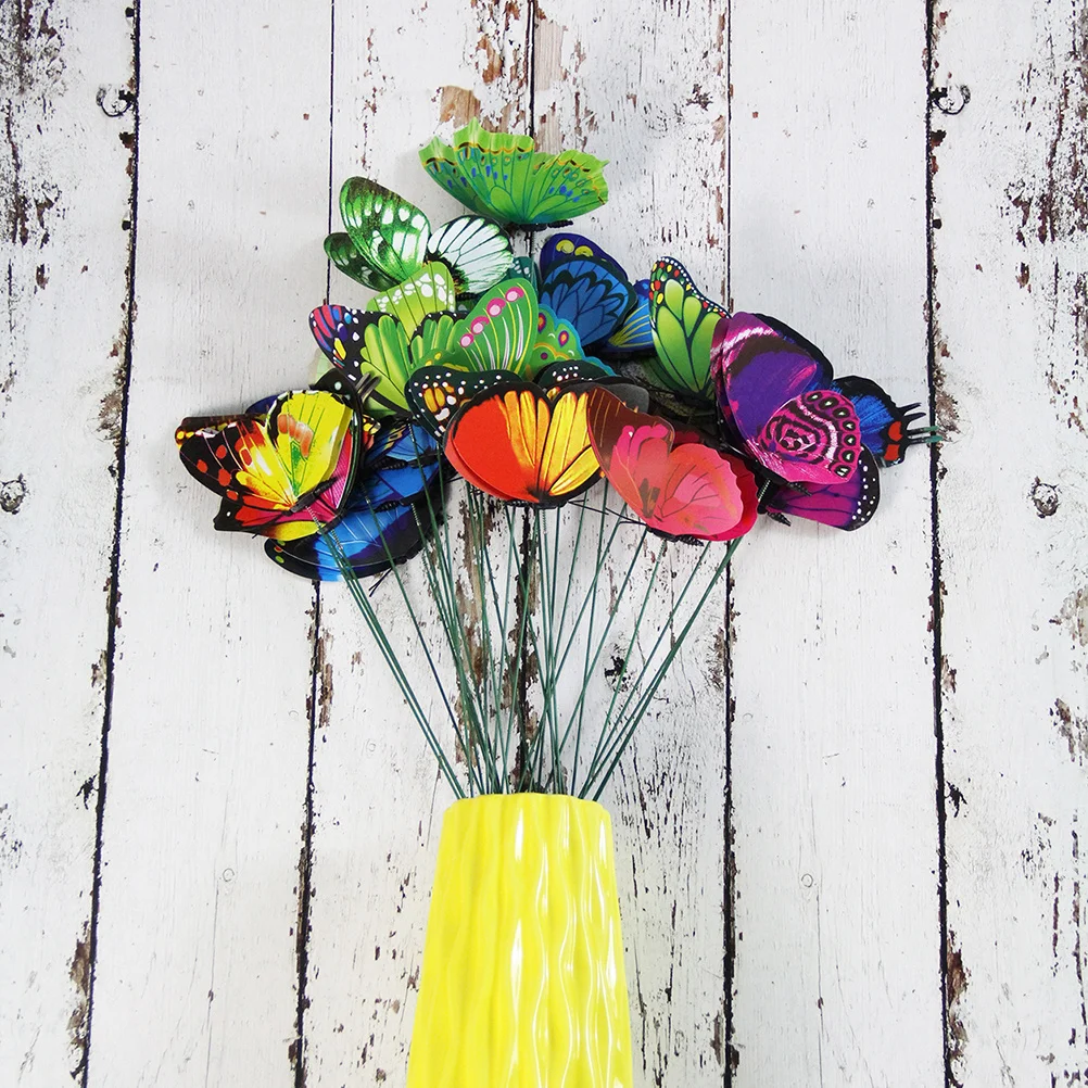 24 قطعة من أوتاد الفراشة الاصطناعية المقاومة للماء لتزيين الحشرات للحديقة الخارجية والحديقة وعاء نبات داخلي أرجواني وأحمر