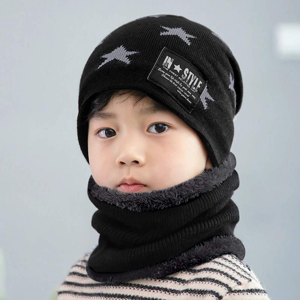 Children\'s Winter Woolen Hats Scarf Set Baby Boys Girls Korean Thick Warm Knitted Star Pattern Beanie Hat Kids