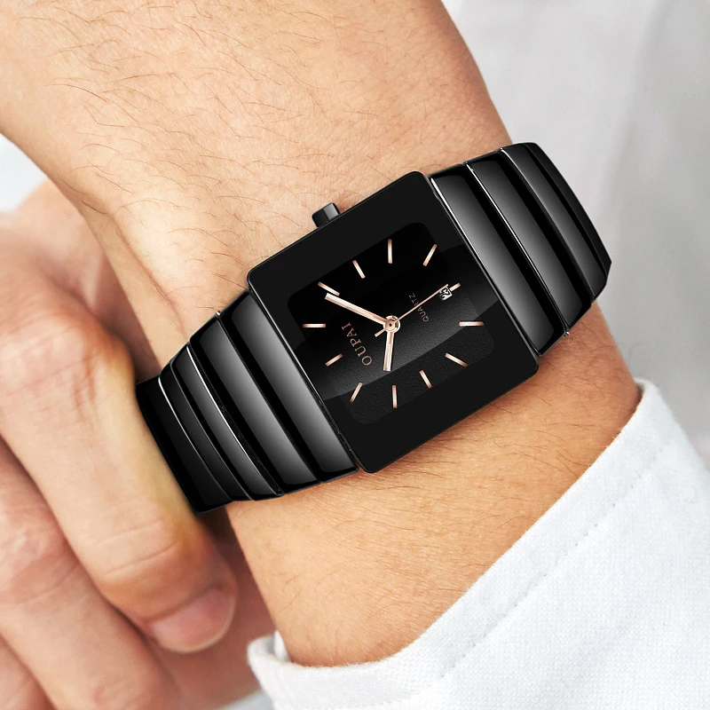 OUPAI 2024, старинные модные квадратные черные керамические кварцевые роскошные водонепроницаемые часы, мужские светящиеся наручные часы с защитой от царапин