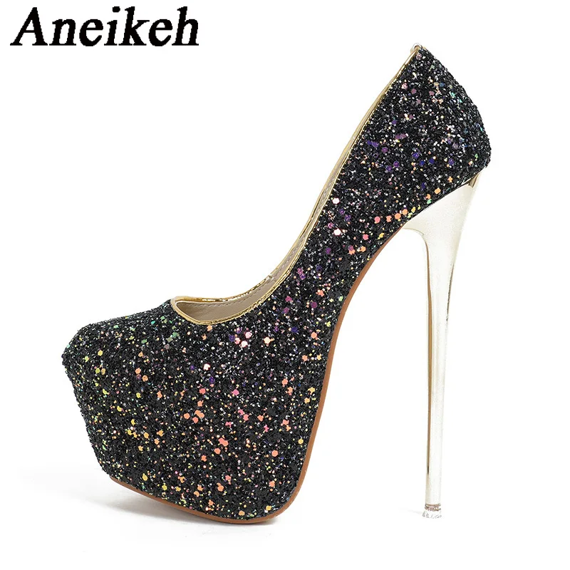 Aneikeh2024 Sequined Cloth Platform Super High Heels Women\'s Fashion Sexy Round Head Thin Heels Single Shoes Party Wedding Mules